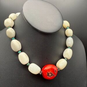 Vintage White‎ Agate & Coral Bead Necklace 16"-18" Adjustable Southwestern Boho
